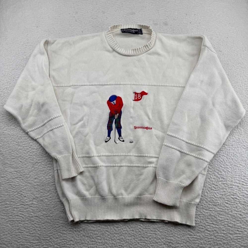 Vintage Scottish Isle Golf Sweater Men Large White Hand Framed Knit USA Made